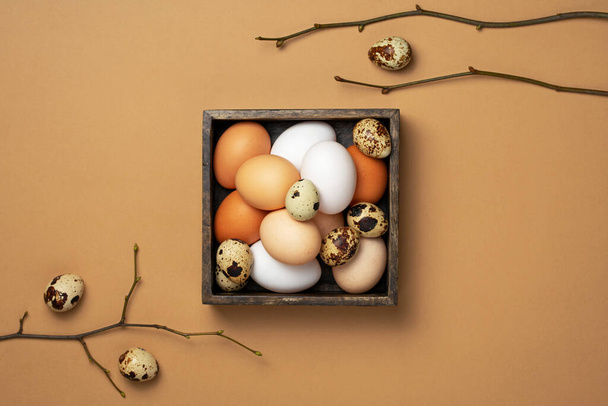 Various eggs in wooden box and branches on beige background. Modern easter flat lay in trendy color, top view - 写真・画像