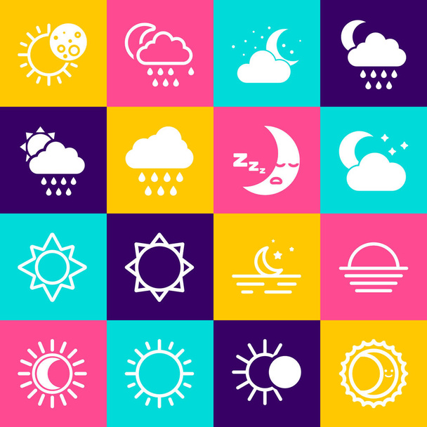 Set Eclipse of the sun, Sunset, Cloud with moon and stars, rain, and Moon icon (en inglés). Vector - Vector, Imagen