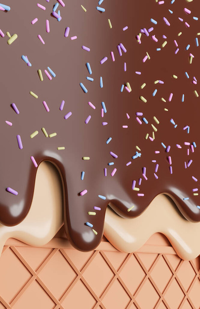 Čokoláda a vanilková zmrzlina tavené s postřikem na pozadí oplatky., 3D model a ilustrace. - Fotografie, Obrázek