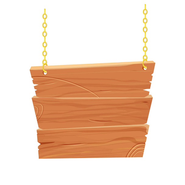 Висячі дерев'яні рамки з золотим ланцюгом, вивіска в мультиплікаційному стилі ізольовані на білому тлі. Фактурні дерев'яні дошки, оздоблення. Ігровий актив Ui
. - Вектор, зображення
