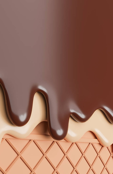 Čokoláda a vanilková zmrzlina tavené na pozadí oplatky., 3D model a ilustrace. - Fotografie, Obrázek