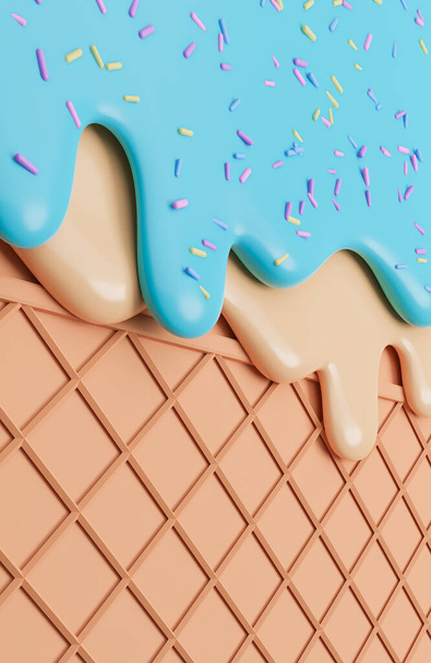 Mint i Vanilla Ice Cream stopione z posypką na banerze Wafer Tło z miejsca do kopiowania., Model 3D i ilustracja. - Zdjęcie, obraz