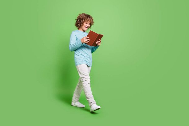 Full length body size view of attractive cheerful amazed guy reading book going isolated over vivid green color background. - Фото, зображення