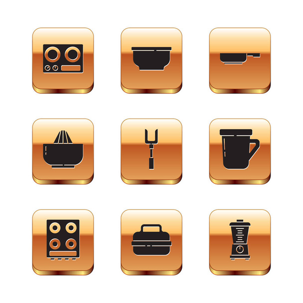 Set Gas stove, Cooking pot, Barbecue fork, Citrus fruit juicer, Frying pan, Blender and Bowl icon. Vector - ベクター画像