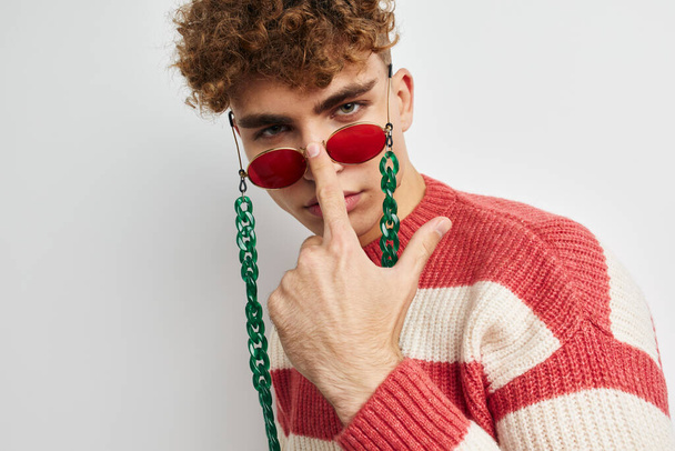 man in striped sweater stylish glasses fashion light background - Foto, immagini