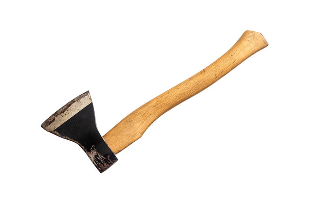 Ax con mango de madera aislado sobre fondo blanco. Herramientas para trabajos de carpintería y reparación - Foto, imagen