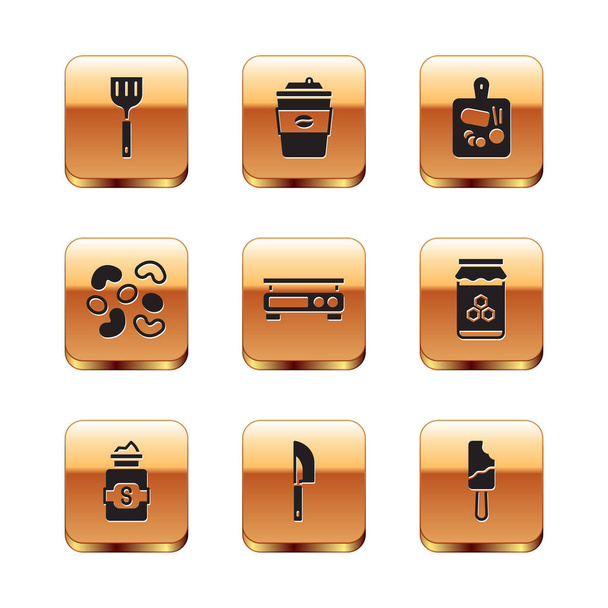 Set Spatula, Jar of sugar, Knife, Electronic scales, Jelly candy, Cutting board, Ice cream and Coffee cup to go icon. Vector - Διάνυσμα, εικόνα