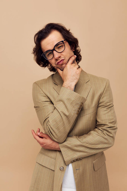 handsome man with glasses emotions gesture hands posing isolated background - Foto, immagini