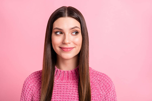 Portrait of brunette optimistic lady look empty space wear pink sweater isolated on crimson color background. - Foto, Bild