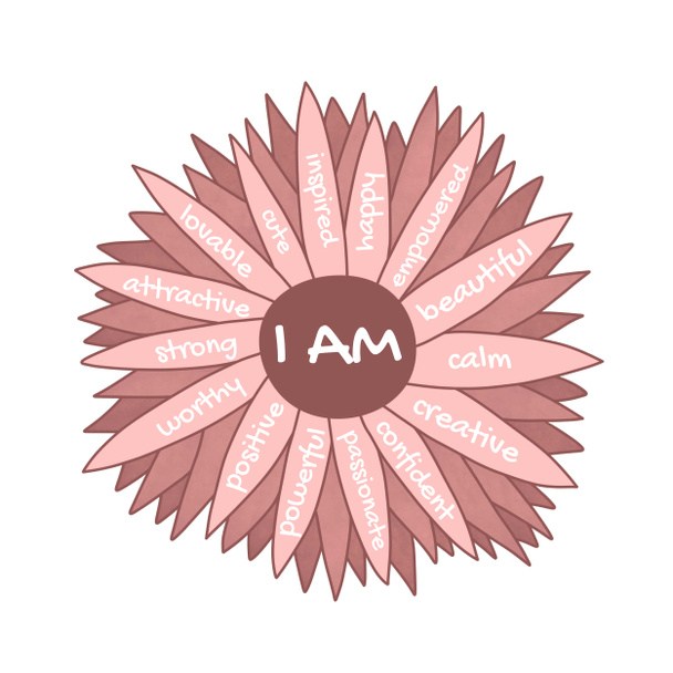 Ich bin Affirmationen Kamillenblüte. Selbstliebe Konzept für die Stärkung der Frauen. Positiv bejahende Selbstgespräche sollen motivieren. - Foto, Bild