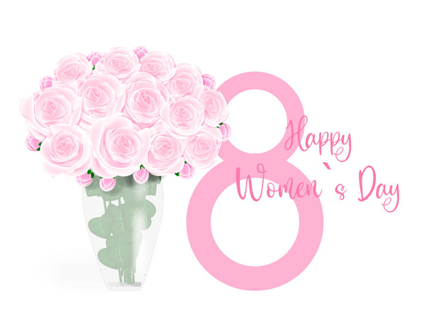Feliz 8 de marzo Día Internacional de la Mujer texto, colorido ramo de rosas en un jarrón, estilo retro, gráficos vintage sobre un fondo blanco, diseño para textiles, tarjetas, invitaciones, envoltorio de regalo - Vector, imagen