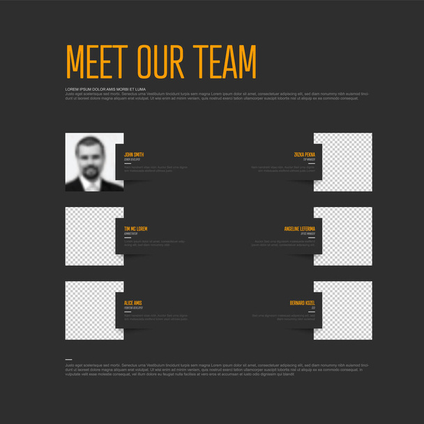 Шаблон темної презентації команди команди з власниками фотографій команди та певним зразковим текстом про кожного члена команди - темна версія та жовтий акцент на іменах членів команди
 - Вектор, зображення