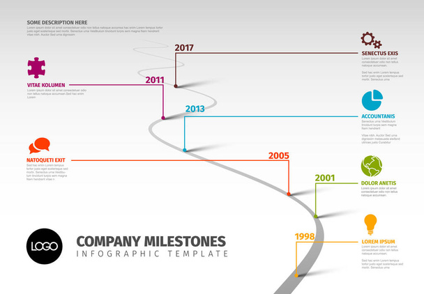Vector Infographic Company Milestones Timeline Template with pointers on a curved road line pointing on the side of the infochart where is short description title and icon - Vektör, Görsel