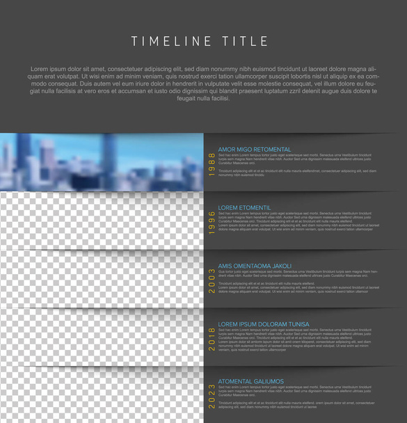 Vector simple infographic vertical time line template with stripe photo placeholders on dark paper stripes. Business company timeline overview profile with photos and text blocks. Multipurpose photo timeline infograph or infochart. - Vektör, Görsel