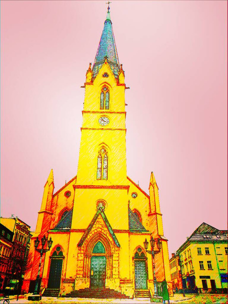 Digitally edited church. Nice painted Liberec church on the back square.  - Фото, зображення