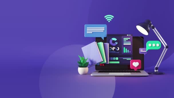 Laptop Digital marketing service. social media growth, statistics, success concept. 3d animated video. Video for text, title and video animation. - Séquence, vidéo
