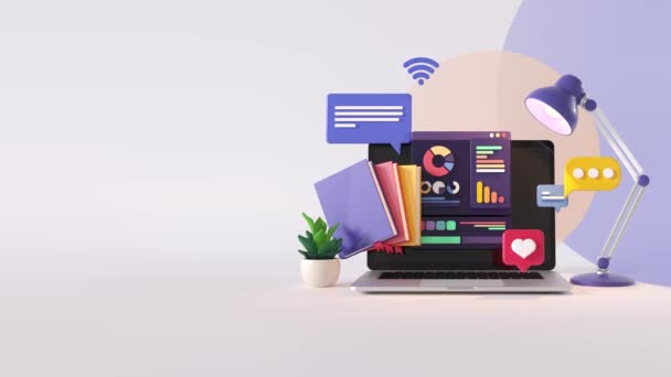 Laptop Digital marketing service. social media growth, statistics, success concept. 3d animated video. Video for text, title and video animation. - Záběry, video
