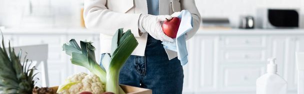 Cropped view of woman in latex gloves cleaning apple with rag near fresh food at home, banner  - Foto, Imagem
