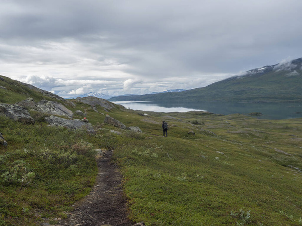 緑の山々、白樺の木や岩とVirihaure湖のラップランドの風景の歩道を歩くバックパック付きの男ハイカー。スウェーデンの夏の野生自然、 Padjelantaledenハイキングコース. - 写真・画像