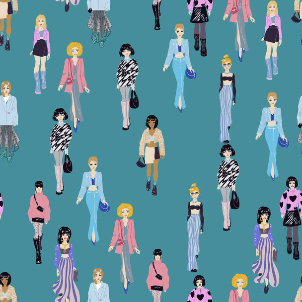Seamless pattern. Women in trendy clothes. Fashion illustration. - Vector, Image