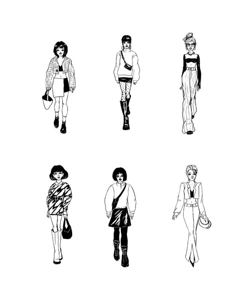 Collection of stylish young women dressed in trendy clothes. Vector fashion black and white illustration. - Wektor, obraz