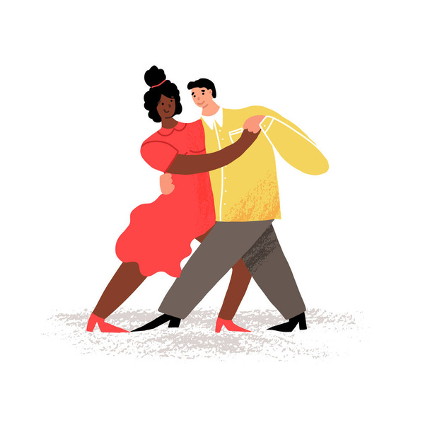 A cute illustration of a multicultural couple in love dancing tango bachata. Happy Valentines Day design. - Vektor, Bild