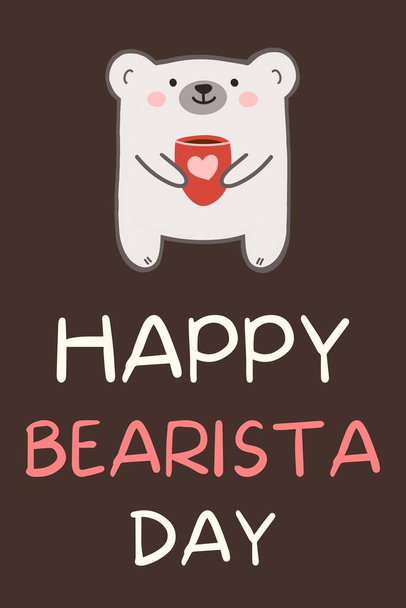 Carte de vœux Barista avec un ours polaire mignon tenant une tasse de café. Joyeuse journée des barbares. Ouvrier de café préféré - Photo, image