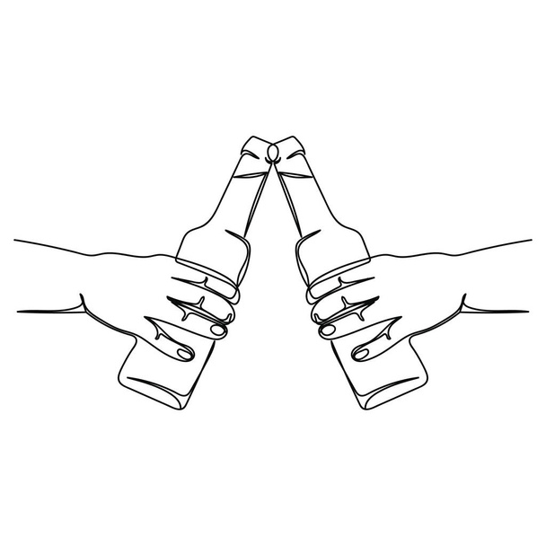 Continuous one simple single abstract line drawing of hands with beer bottles icon in silhouette on a white background. Linear stylized. - Vektori, kuva