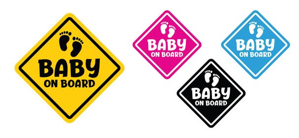 Slogan baby on board. Wife or mother is pregnant. Flat vector baby quote. Baby on the way, expecting. Baby feet. The sticker on the back window of the car. - Vektor, obrázek