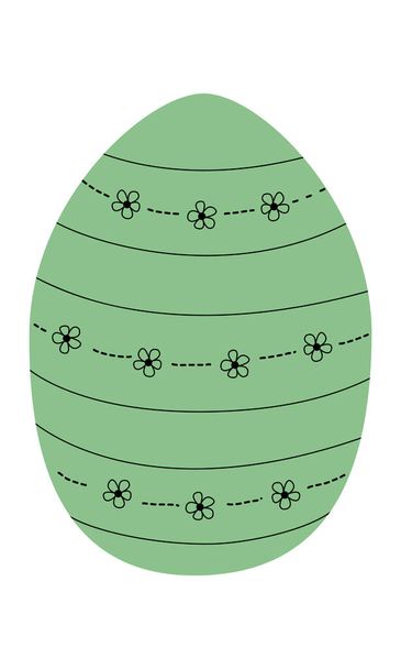Grünes Osterei mit Ornamenten. Einfache helle Eierform mit Blüten und Rundungen. Osterelemente für die Eiersuche - Vektor, Bild