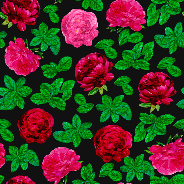 Akwarela bordo piwonie z liści wzór, białe tło, ręcznie rysowane kwiaty fuksji i zielone liście, bezszwowy wzór kwitną - Zdjęcie, obraz