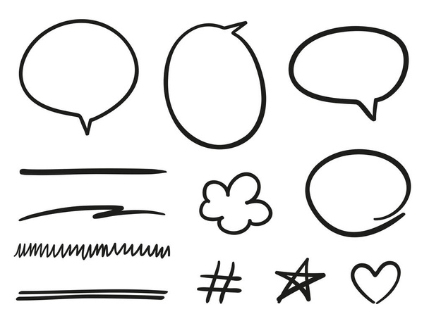Χέρι ζωγραφισμένο μαύρο doodles σε λευκό. Αφηρημένα πλαίσια. Σύνολο διαφορετικών σημάτων και υπογραμμίζει. Τα στοιχεία σχεδιάζονται σε γραμμικό ύφος. Ασπρόμαυρη απεικόνιση - Διάνυσμα, εικόνα