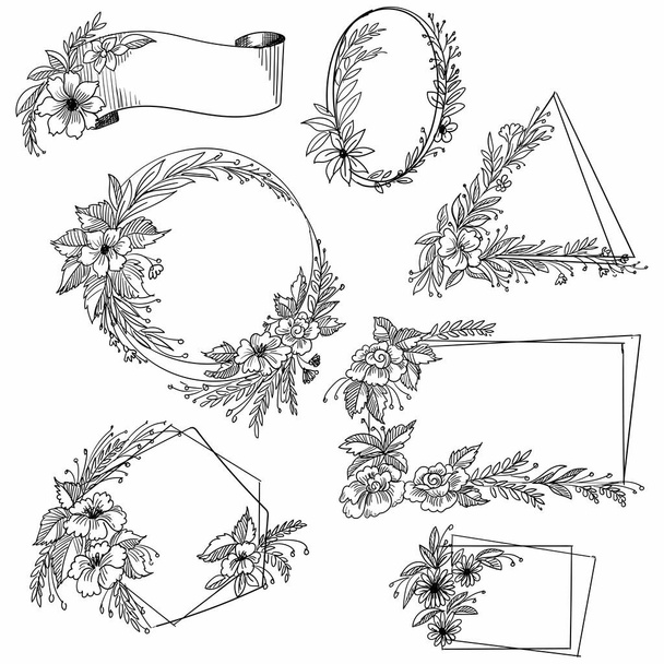 Hand draw doodle decorative floral frame set design - Вектор,изображение