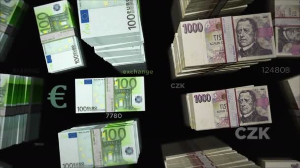 Euro ve Çek Koruna para değişimi. Kağıt banknotlar tomar tomar. Ticaret, ekonomi, rekabet, kriz, bankacılık ve finans kavramı. Döngüsüz 3D canlandırma notaları. - Video, Çekim