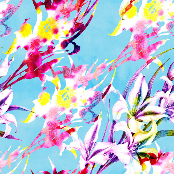 Flowers on a watercolor background. Gladiolus. Abstract wallpaper with floral motifs. Seamless pattern. Use printed materials, signboards, posters, postcards, packaging. - Foto, immagini