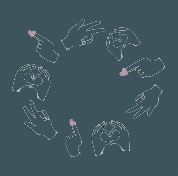 Frame of hands in different poses. Gestures. White contour linear. Dark background. Vector. Hands holding a heart. Doodle - Vektori, kuva