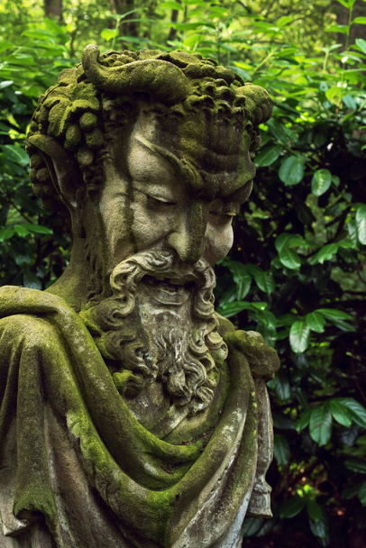 Stone garden statue of a male mythical head in a lush backyard. - Photo, image