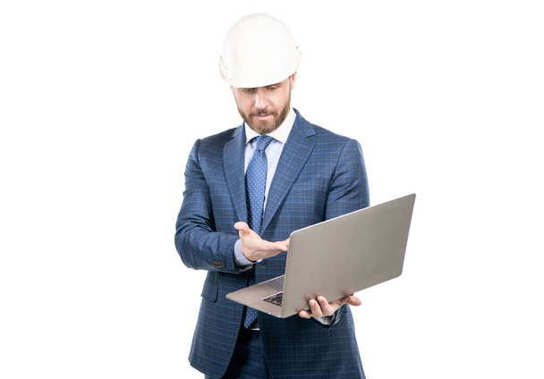 Laptop being durable and flexible enough. Construction manager use laptop. Modern technology - Fotoğraf, Görsel