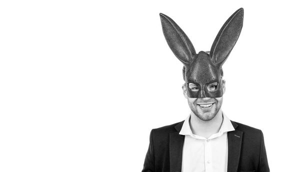 Businessman in bdsm mask. Bunny man in rabbit mask. Playboy. Sexy game, copy space - Foto, Imagen