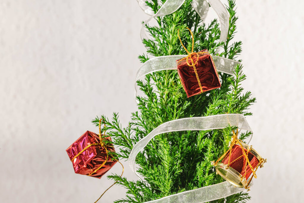 eine Nahaufnahme eines Mini-Weihnachtsbaums, der mit einer weißen Schleife und rotem Geschenkschmuck umwickelt ist   - Foto, Bild