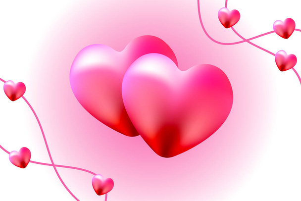 Koppel rode harten met roze achtergrond en decoraties aan beide zijden. - Vector, afbeelding