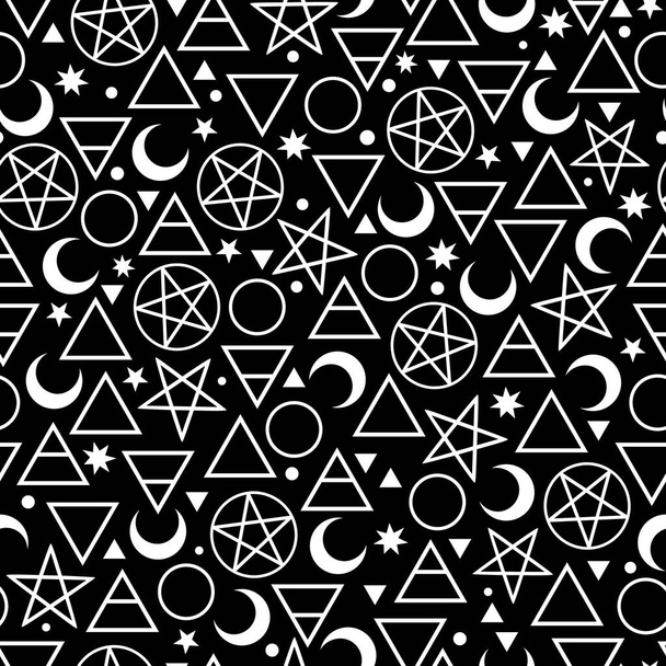 seamless pattern of white alchemical signs on a black background - Vector, Image