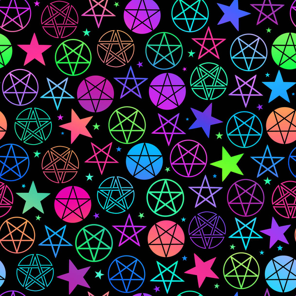 seamless pattern of neon pentagrams on black background - Vektor, kép