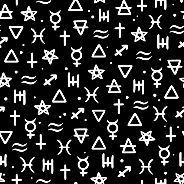 motif sans couture de signes alchimiques blancs sur un fond noir - Vecteur, image