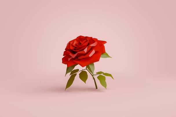 minimalist lowpoly rose on red background. 3d rendering - Photo, Image