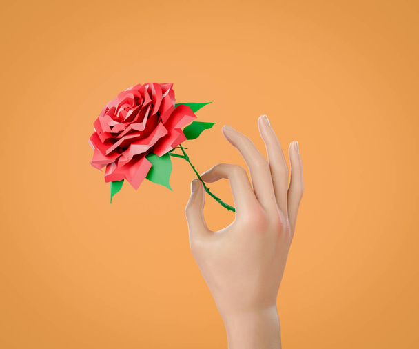 main tenant une petite rose. concept cadeau, cadeau numérique, nft et Saint-Valentin. Rendu 3d - Photo, image