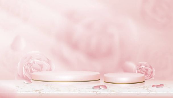スタジオルームピンクの表彰台のディスプレイとぼやけた英語のバラの背景、春の花のベクトル3Dシリンダー、美しい製品とバレンタインデーのコンセプトのための甘いピンクのパステルの背景バナー - ベクター画像