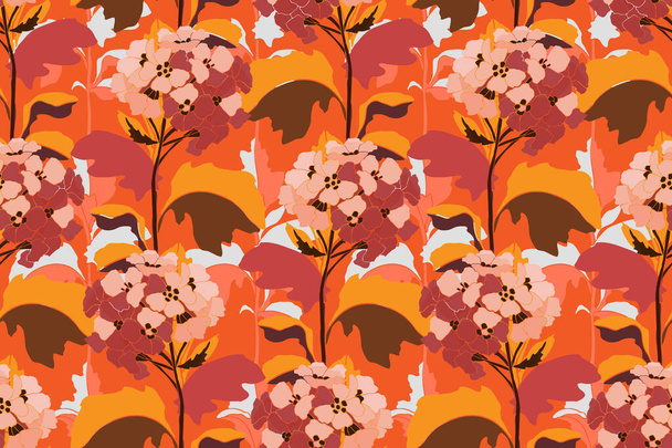 Vector floral seamless pattern. Flowers with twigs and leaves in red and orange tones on a white background.  - Vektor, Bild