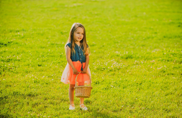 Cute girl on summer walk. Spring kid outdoor. Walking on field. - Фото, изображение