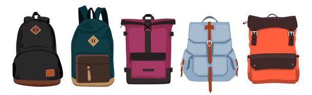 Conjunto de mochilas escolares de diferentes formas y colores.Aisladas sobre un fondo blanco. - Vector, Imagen